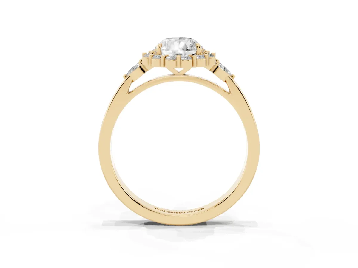 Pear Cut Diamond Halo Ring with Pear Side Stones and Prong Setting Yellow gold