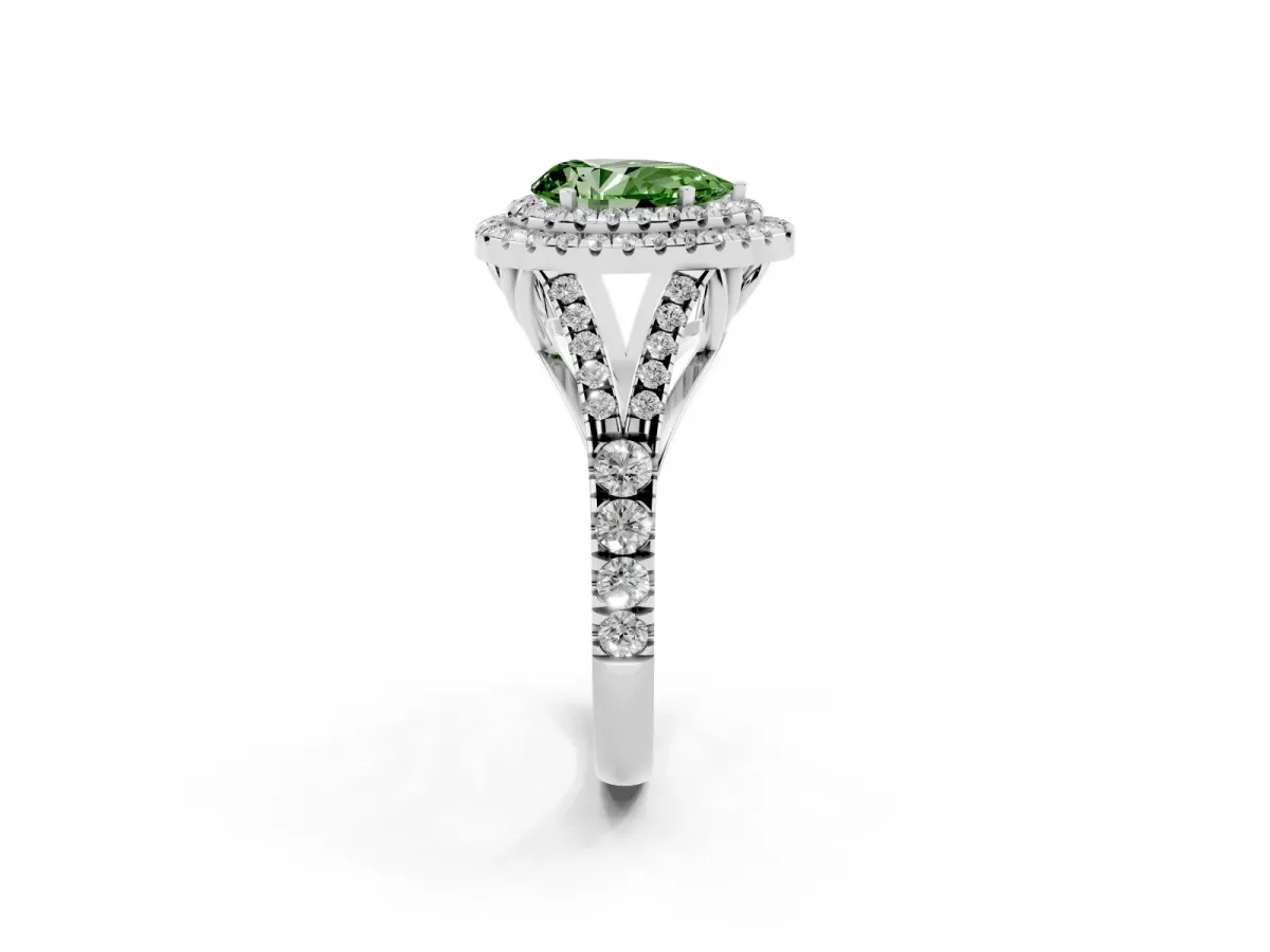 Fancy Green Pear Cut Diamond Pavé Split Shank Double Halo Engagement Ring Silver