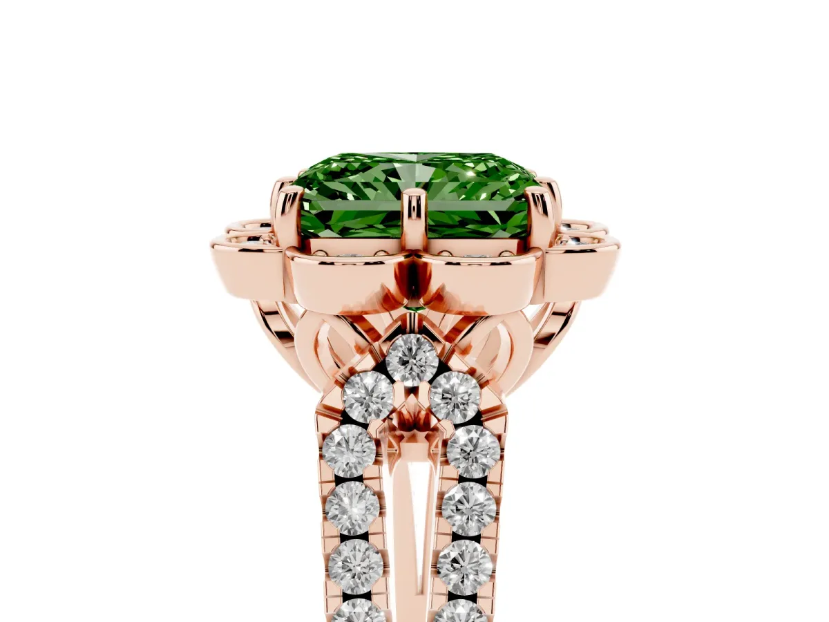 Fancy Green Radiant Cut Halo Diamond Floral Split Shank Engagement Ring Rose gold