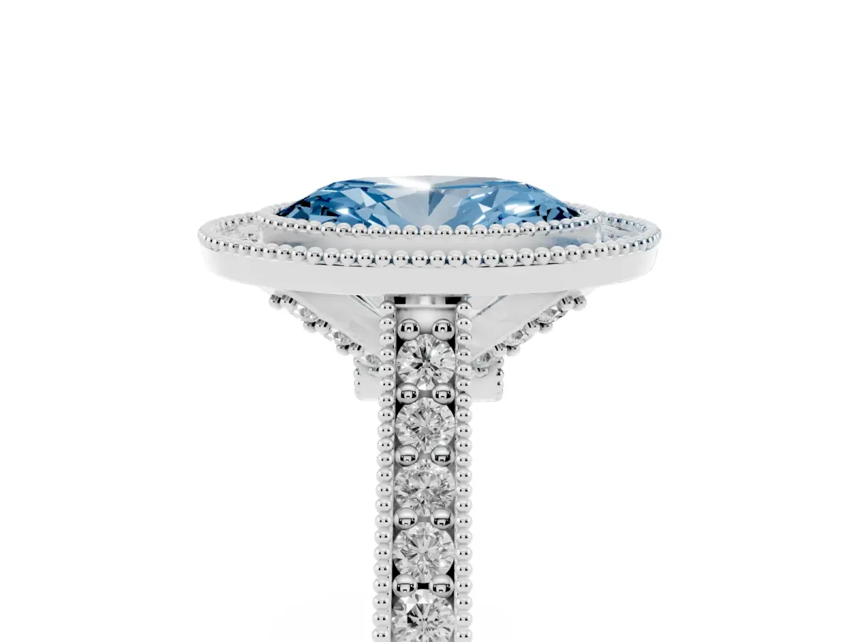 Fancy Blue Halo Oval Cut-Cut Diamond Pave Band Milgrain Prong Setting Ring Silver
