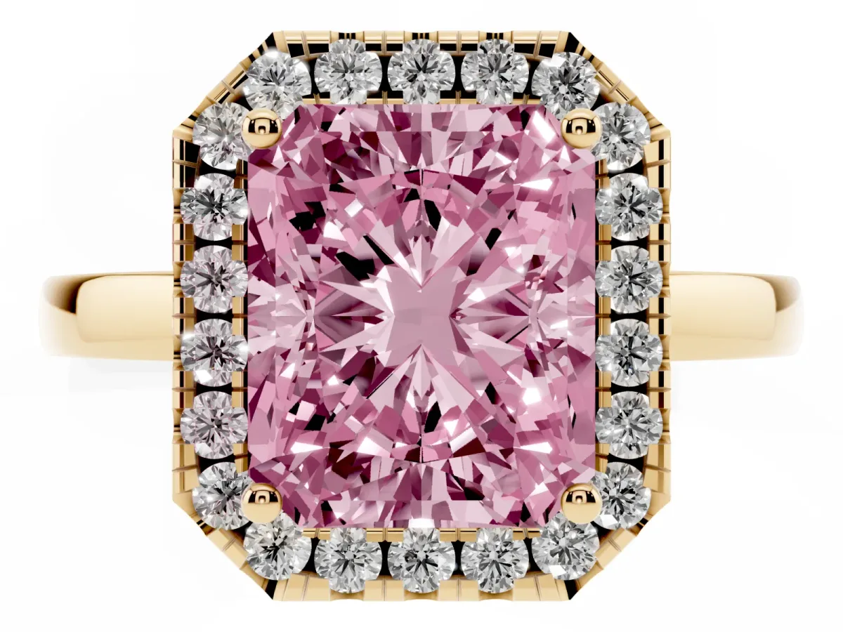 Fancy Pink Radiant Cut Halo Diamond Solitaire with Pavé Band and Four-Prong Setting Yellow gold