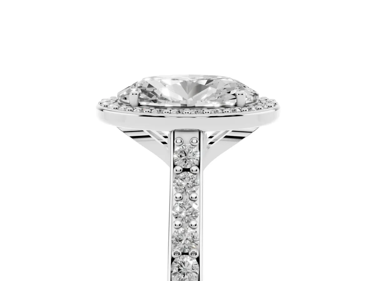 Oval Cut Diamond Halo Engagement Ring with Round Pavé Shoulders and Prong Setting Silver