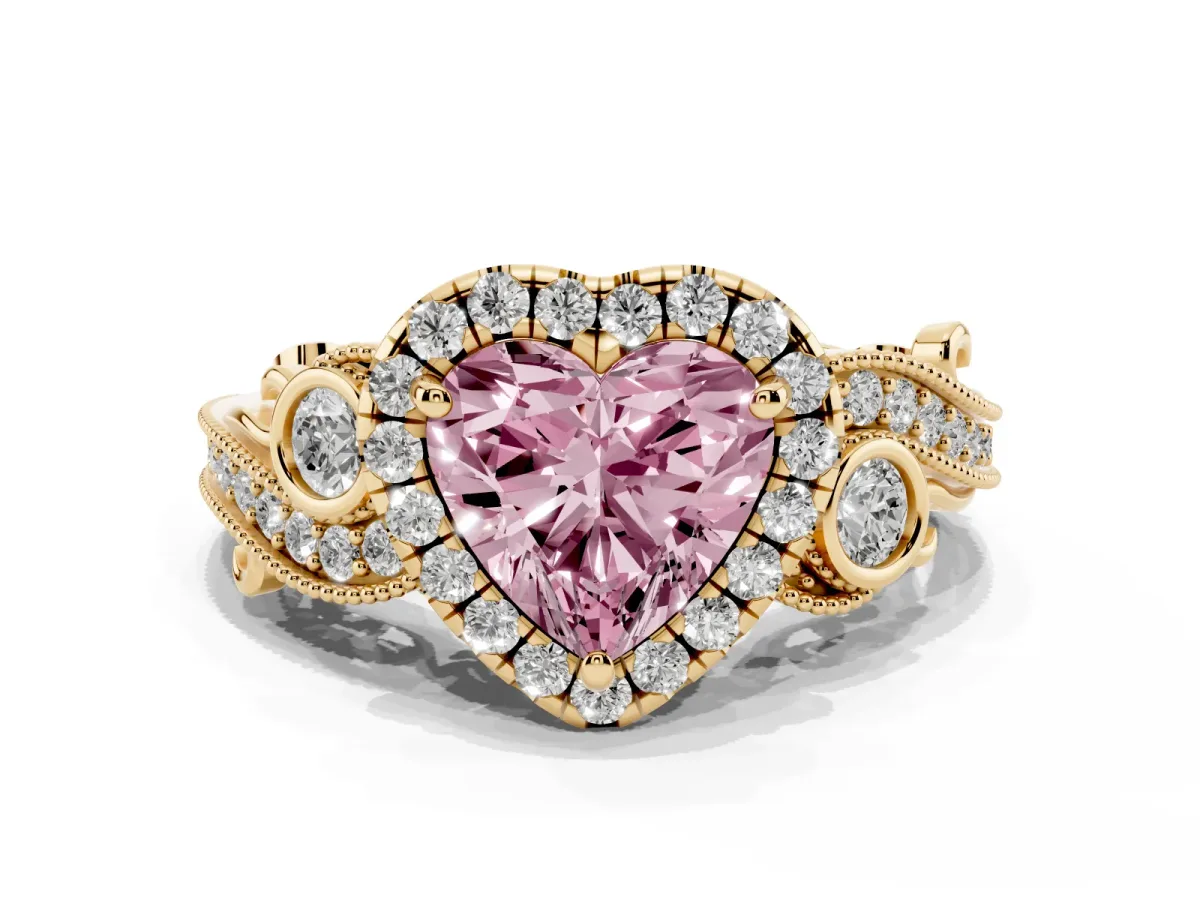 Fancy Pink Heart Cut Diamond Halo Ring with Milgrain Pavé Band and Four-Prong Setting Yellow gold