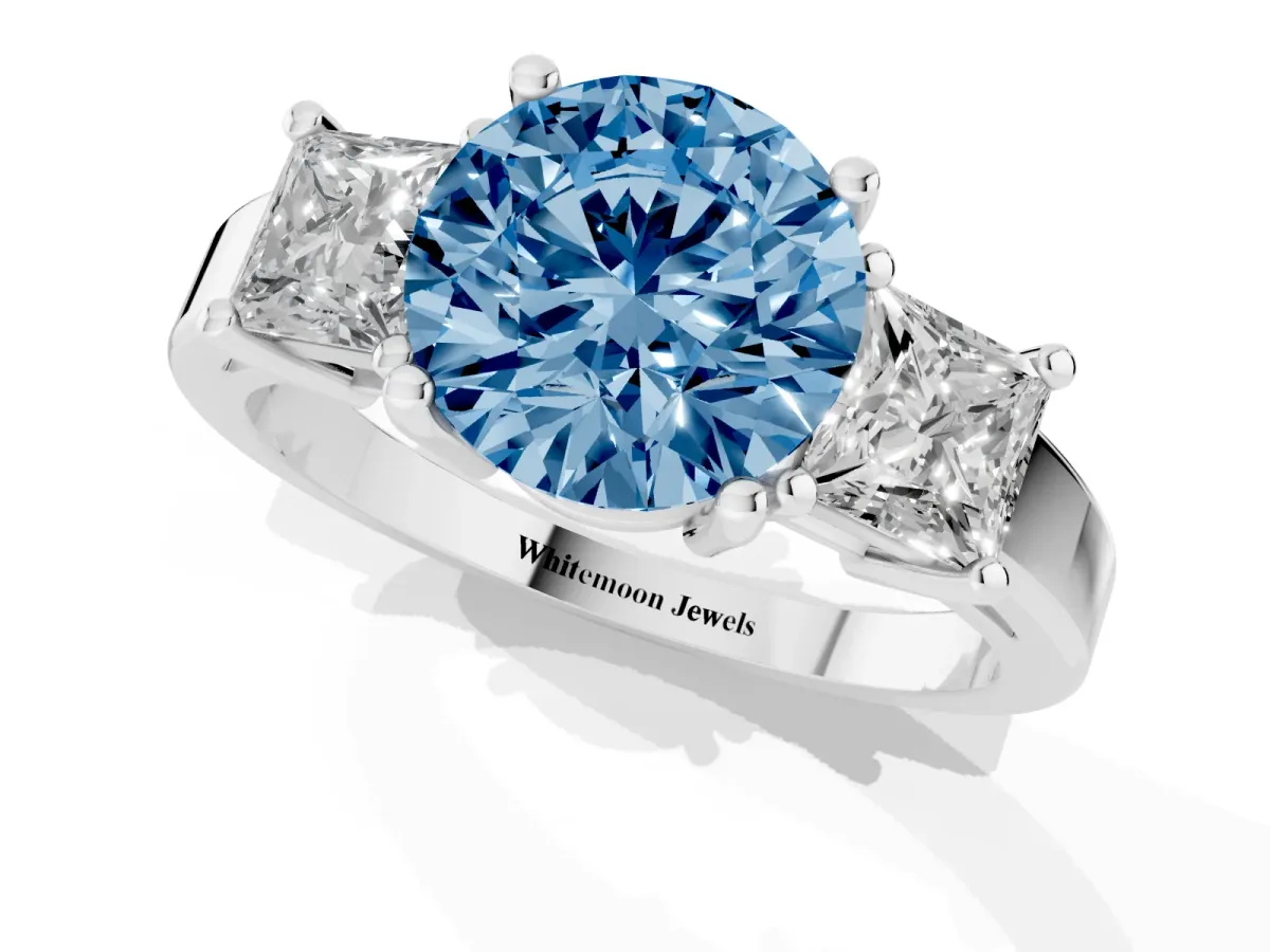 Fancy Blue Three-Stone Round Cut Cut Solitaire Ring with Prong Setting Silver