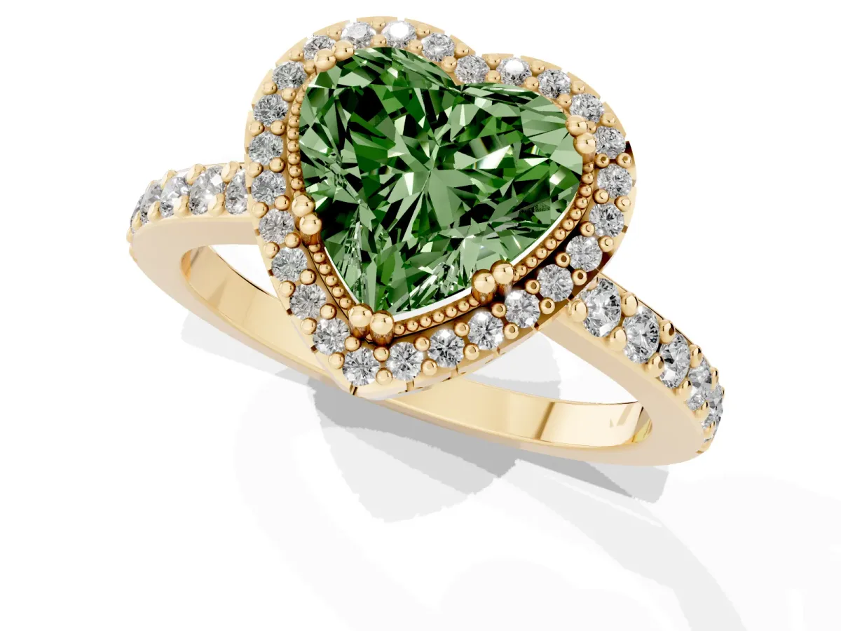 Fancy Green Heart Cut Cut Diamond Halo Engagement Ring with Milgrain Detail and Pavé Band Yellow gold