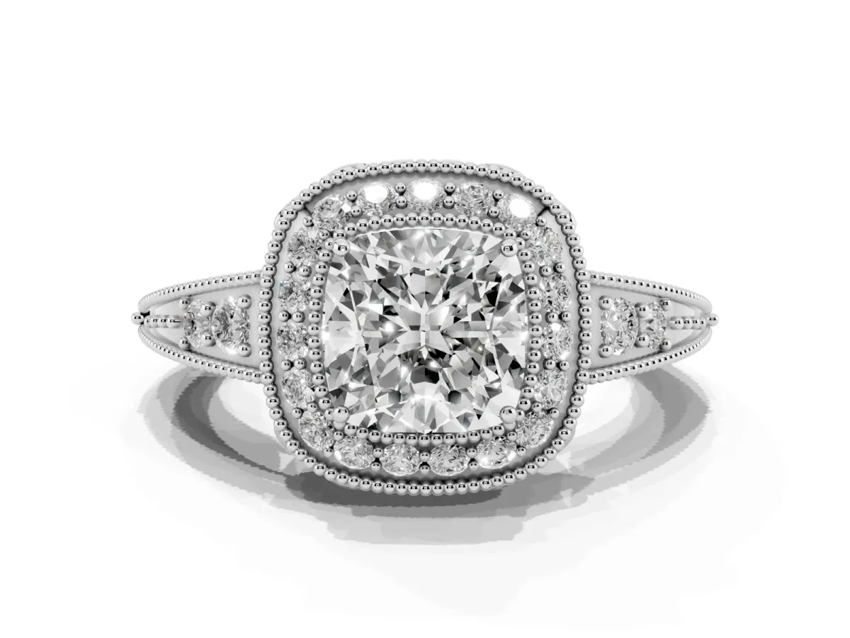 Cushion Cut Halo Diamond Split Shank Ring with Milgrain Detail Silver
