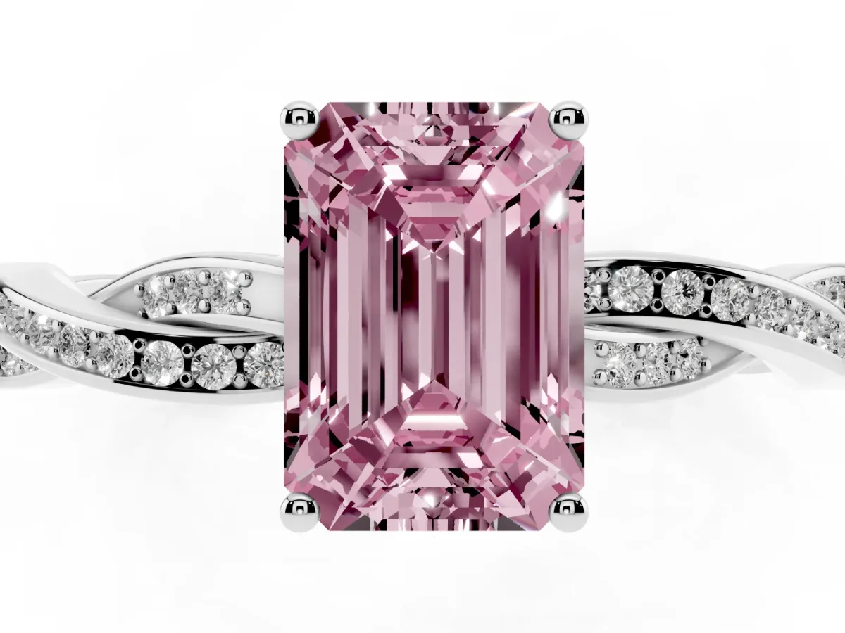 Fancy Pink Emerald Cut Solitaire Twisted Pave Diamond Ring with Four-Prong Setting Platinum
