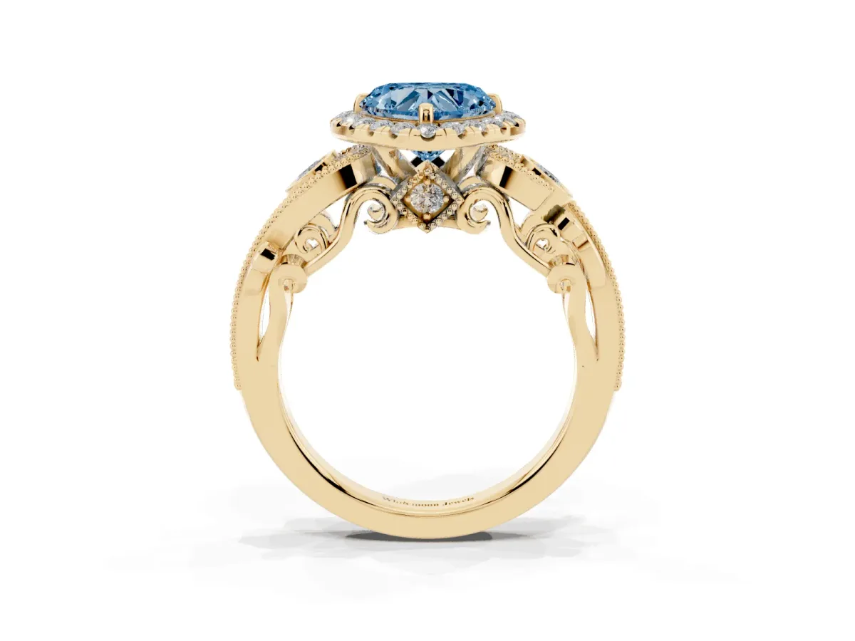 Fancy Blue Heart Cut Diamond Halo Ring with Milgrain Pavé Band and Four-Prong Setting Yellow gold