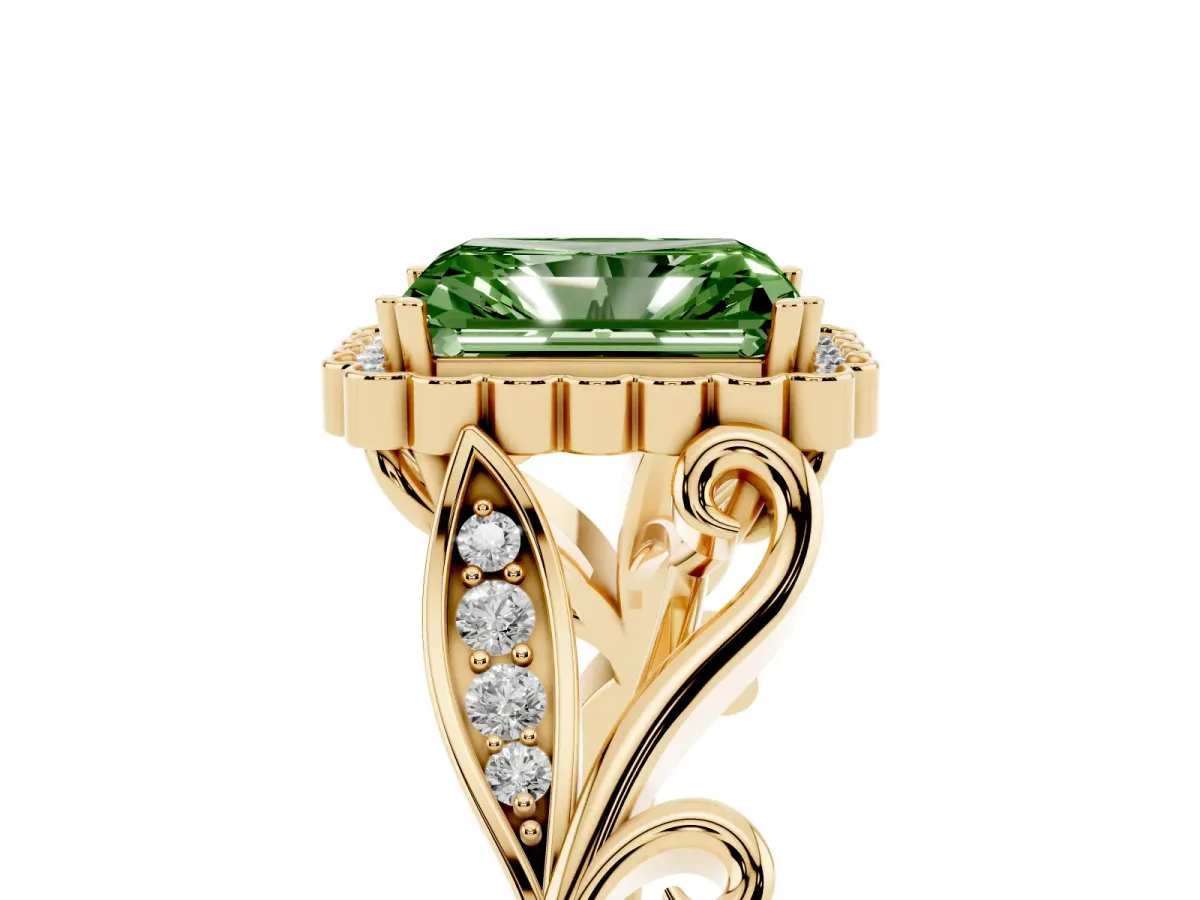 Fancy Green Radiant Cut Diamond Halo Ring with Vintage Split Shank and Four-Prong Setting Yellow gold