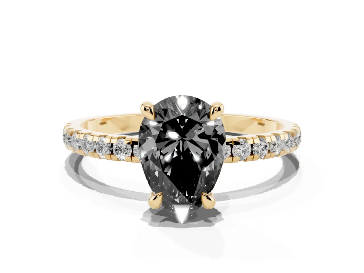 Fancy Black Pear Cut Diamond Brilliant Solitaire Ring with Pavé Band and Four-Prong Setting Yellow gold