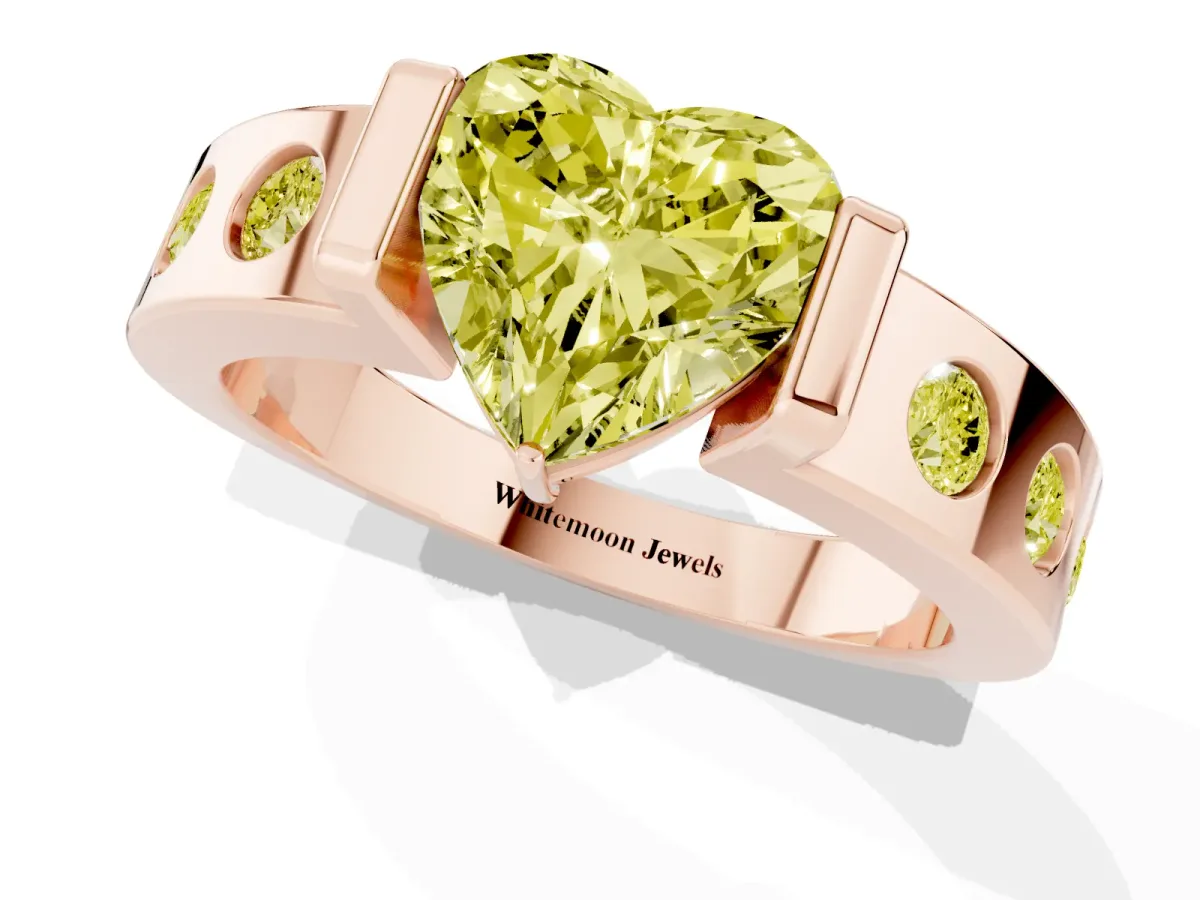 Fancy Yellow Heart Cut Brilliant Channel-Set Diamond Ring with Bezel Prong Setting Rose gold