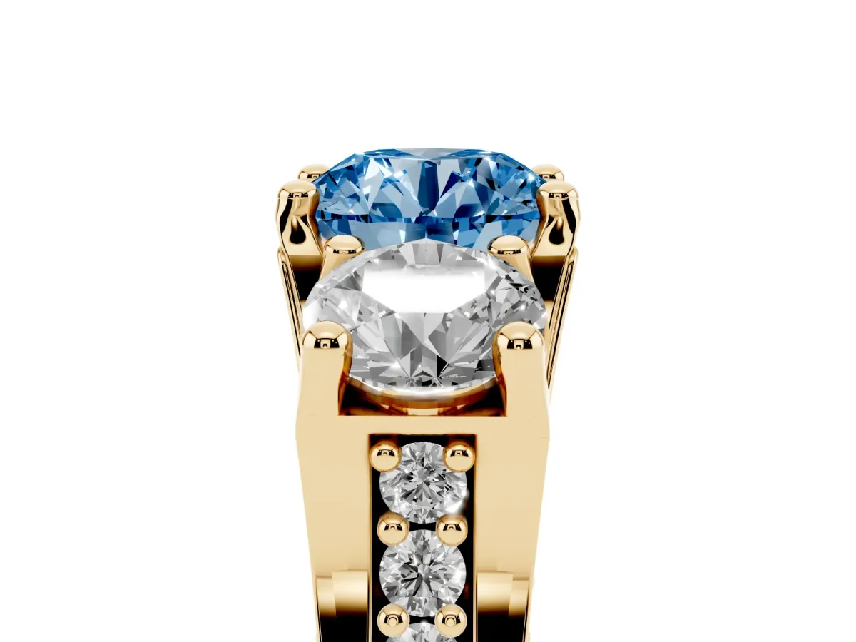 Fancy Blue Round Cut Diamond Three-Stone Ring with Channel Set Band and Four-Prong Setting Yellow gold