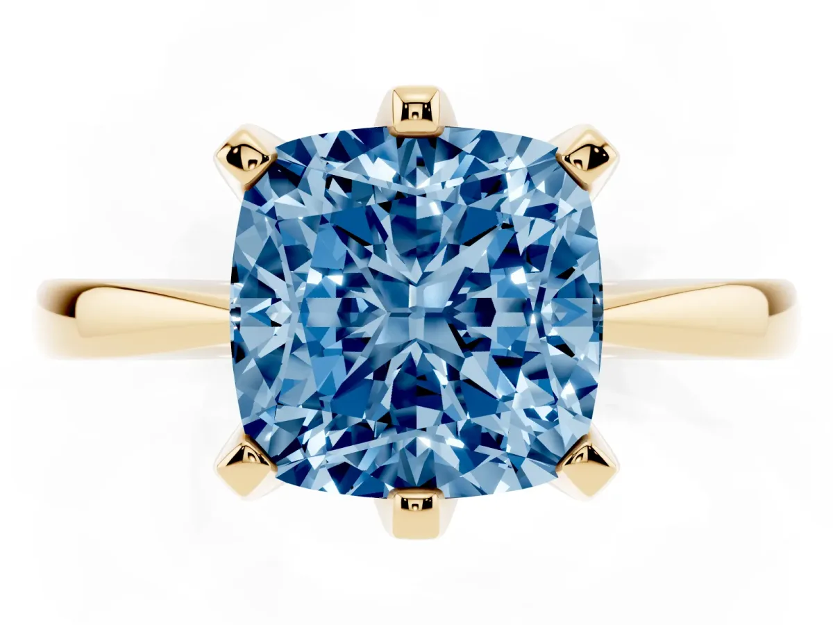 Fancy Blue Cushion Cut Solitaire Engagement Ring with Six-Prong Setting and Tapered Band Yellow gold