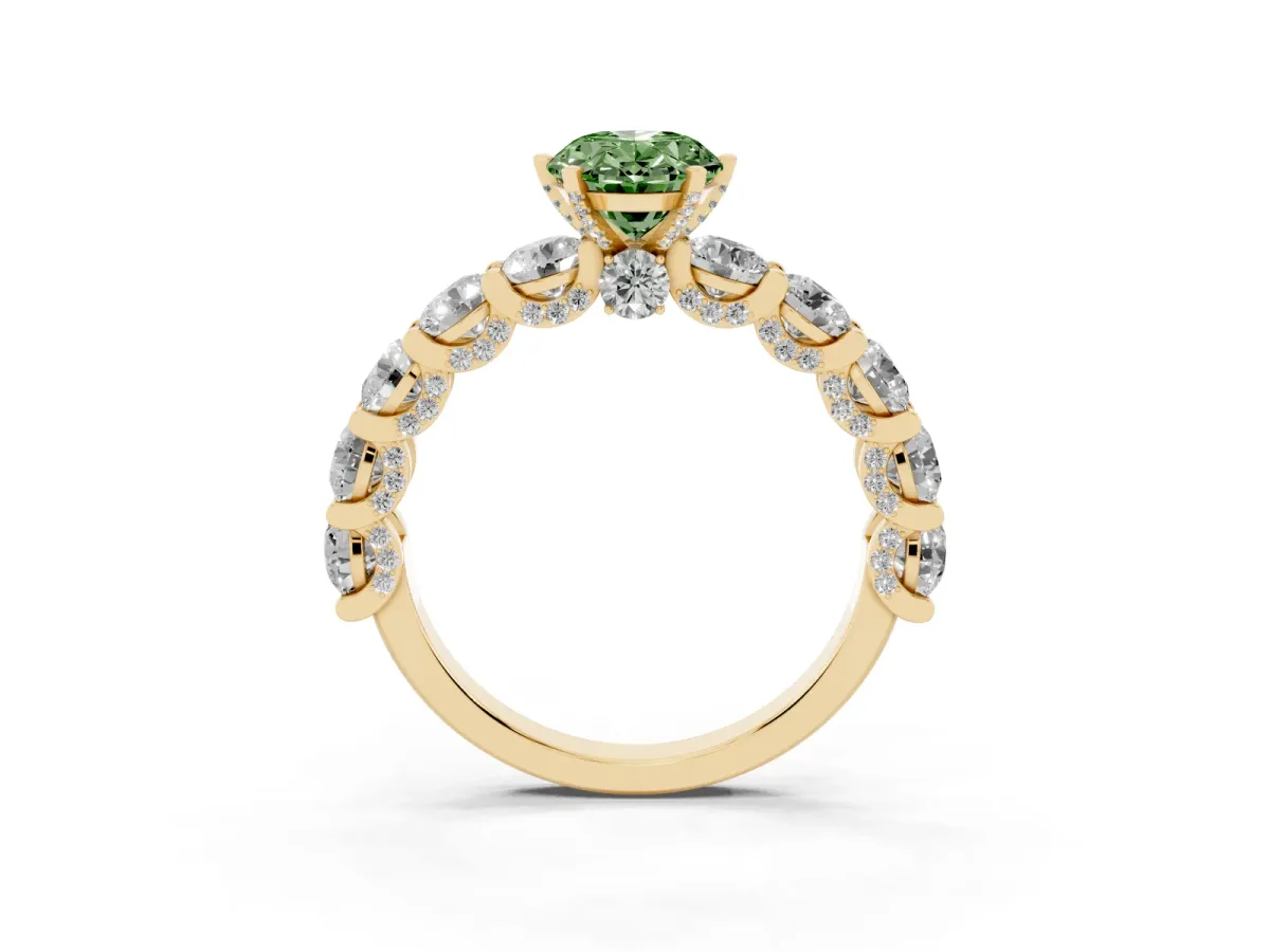 Fancy Green Oval Cut Diamond Side Stone Engagement Ring with Four-Prong Setting Yellow gold