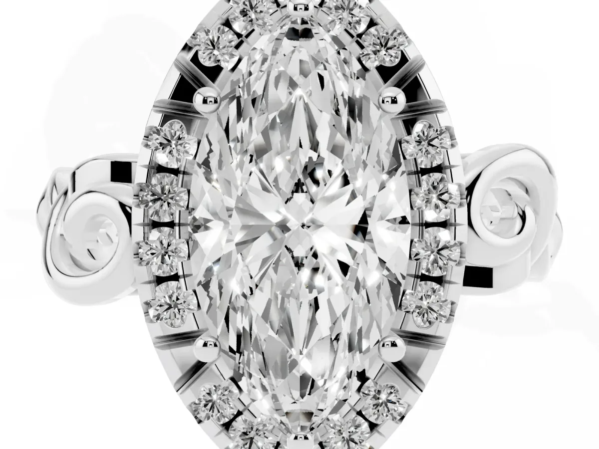 Marquise Cut Cut Halo Diamond Ring with Scrollwork Band and Four-Prong Setting Silver