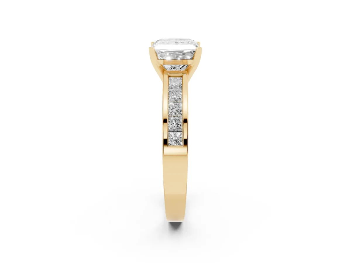 Princess Cut Solitaire Diamond Ring with Channel-Set Band and Four-Prong Setting Yellow gold
