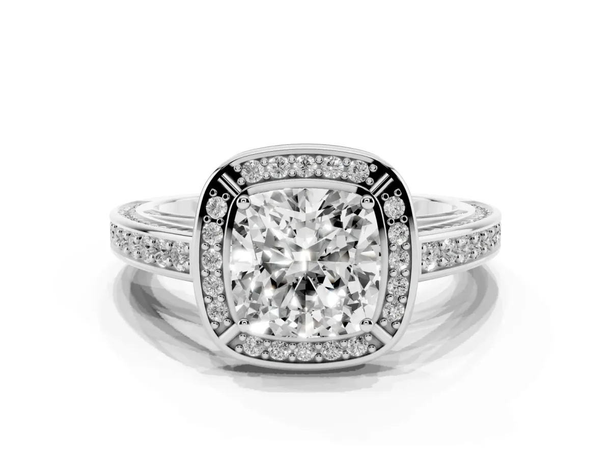 Cushion Cut Cut Halo Pave Split Shank Prong Setting Ring Platinum
