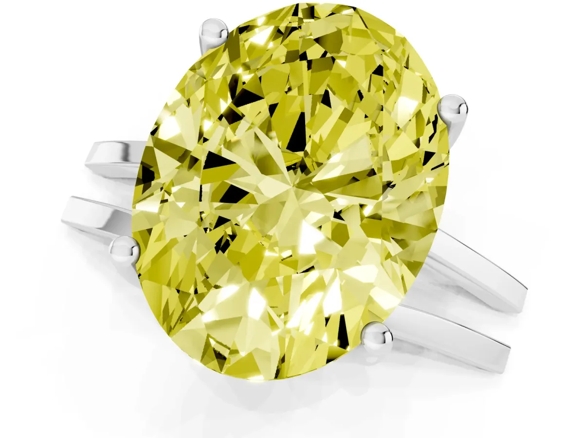 Fancy Yellow Oval Cut Cut Diamond Solitaire Engagement Ring with Tapered Plain Band and Four-Prong Setting Silver