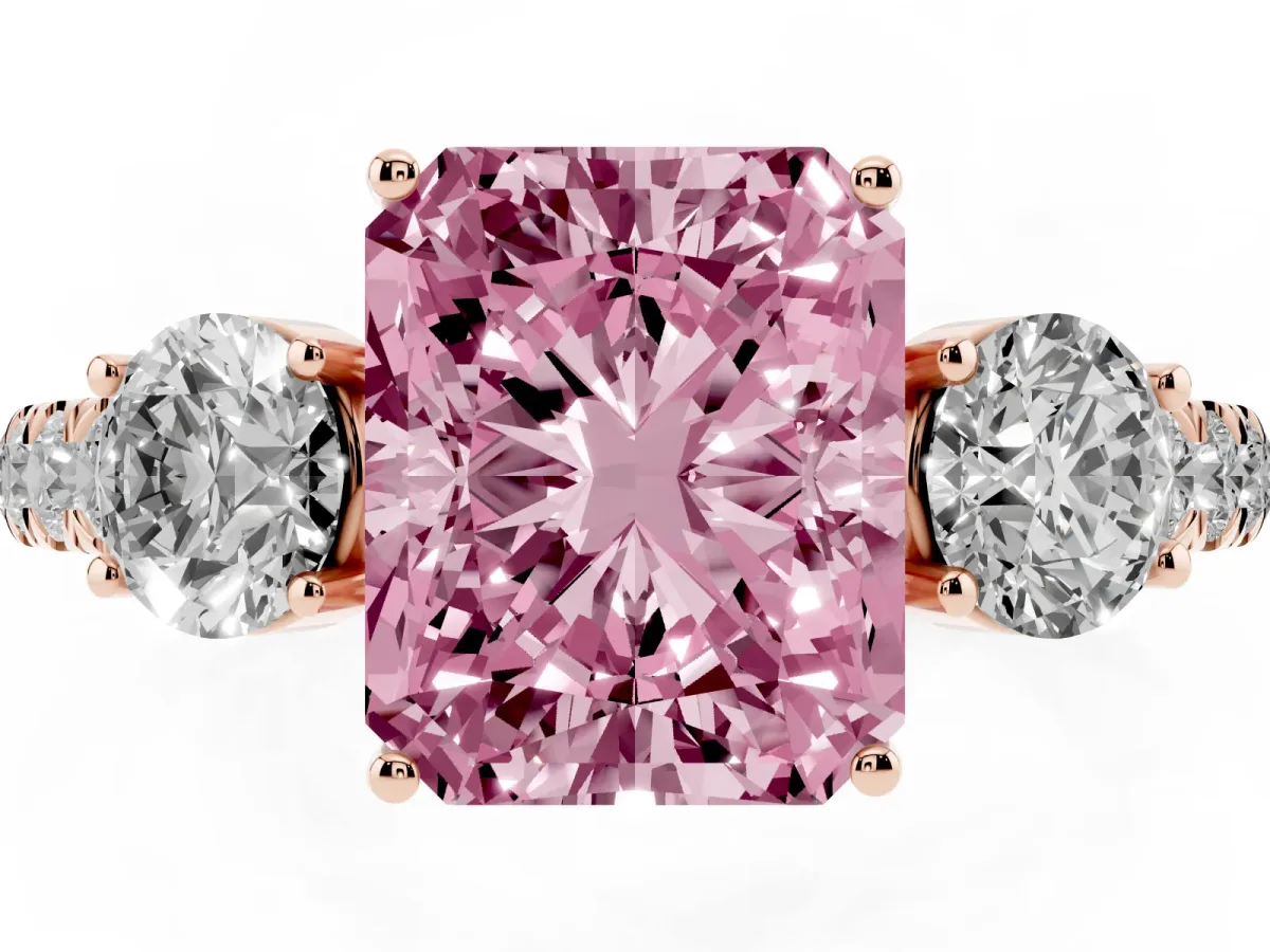 Fancy Pink Radiant Cut Cut Diamond Three-Stone Ring with Round Side Stones and Pavé Band Rose gold