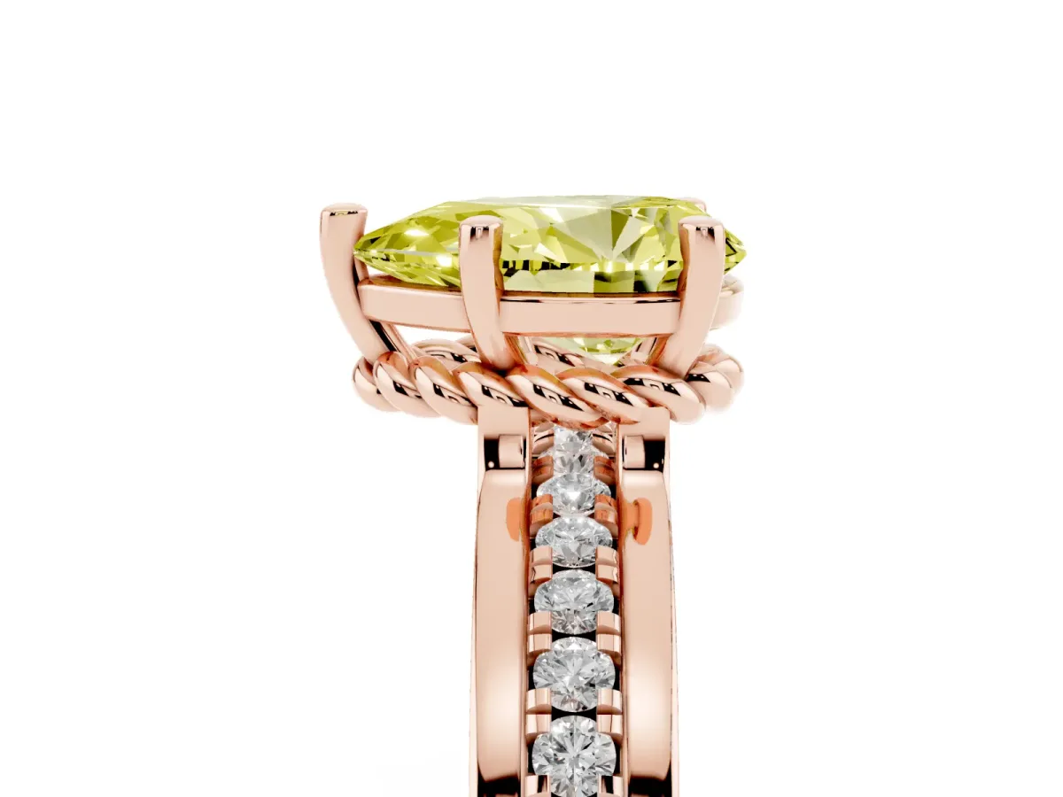 Fancy Yellow Pear Cut Solitaire Diamond Ring with Channel Set Band and Six-Prong Setting Rose gold