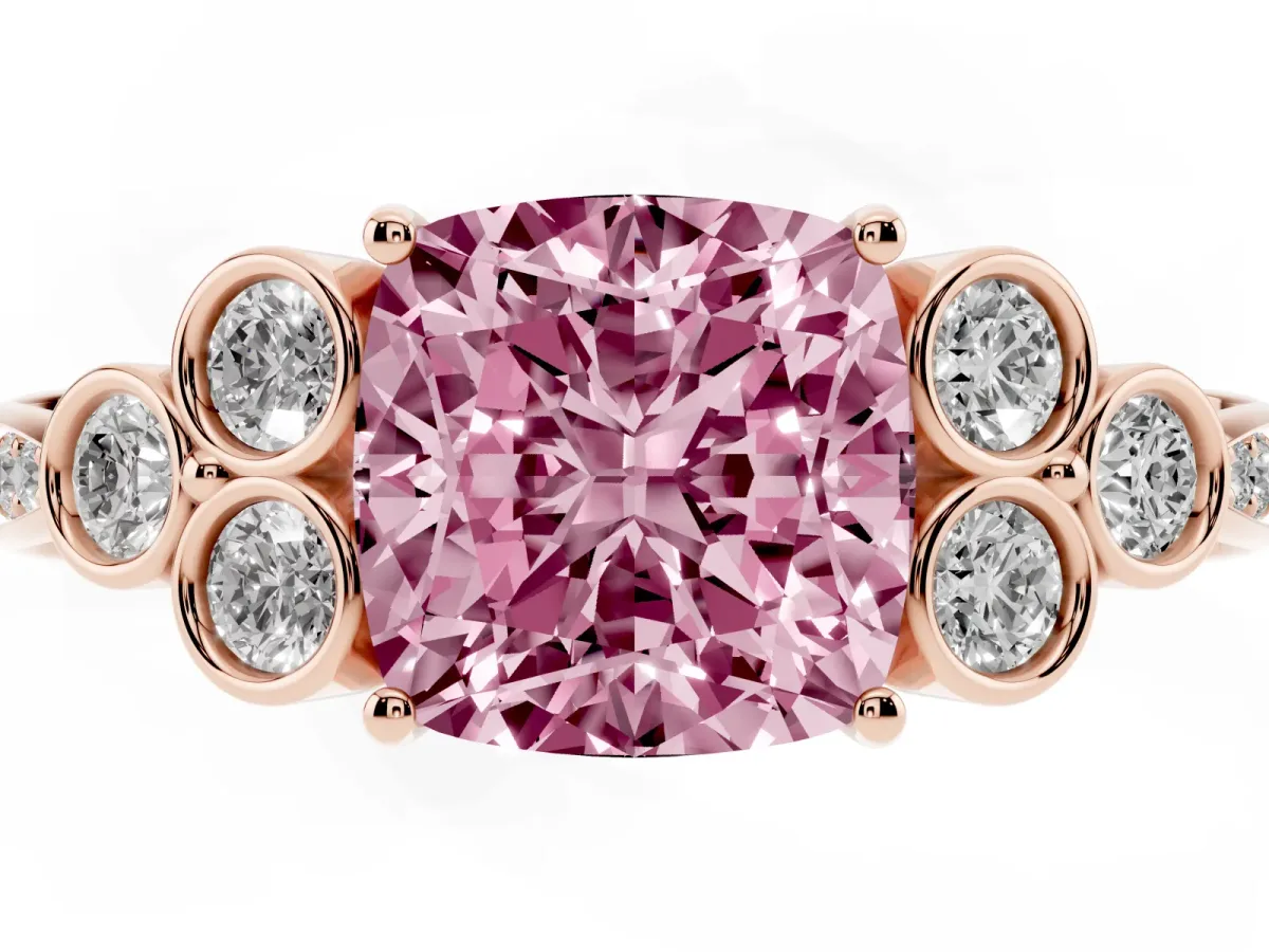 Fancy Pink Cushion Cut Cut Diamond Engagement Ring with Bezel Set Round Side Stones and Prong Setting Rose gold