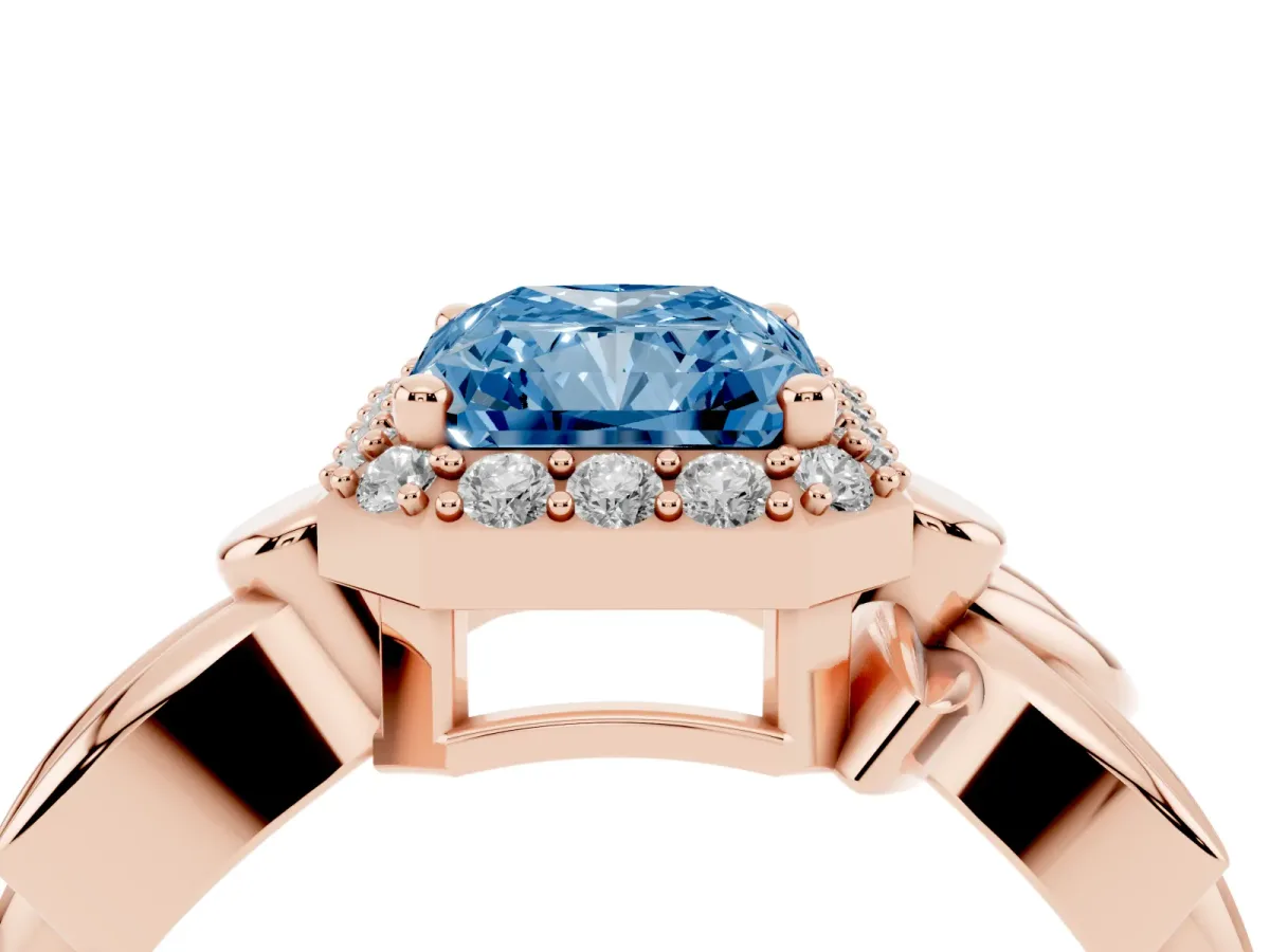 Fancy Blue Radiant Cut Halo Diamond Floral Band with Four-Prong Setting Rose gold