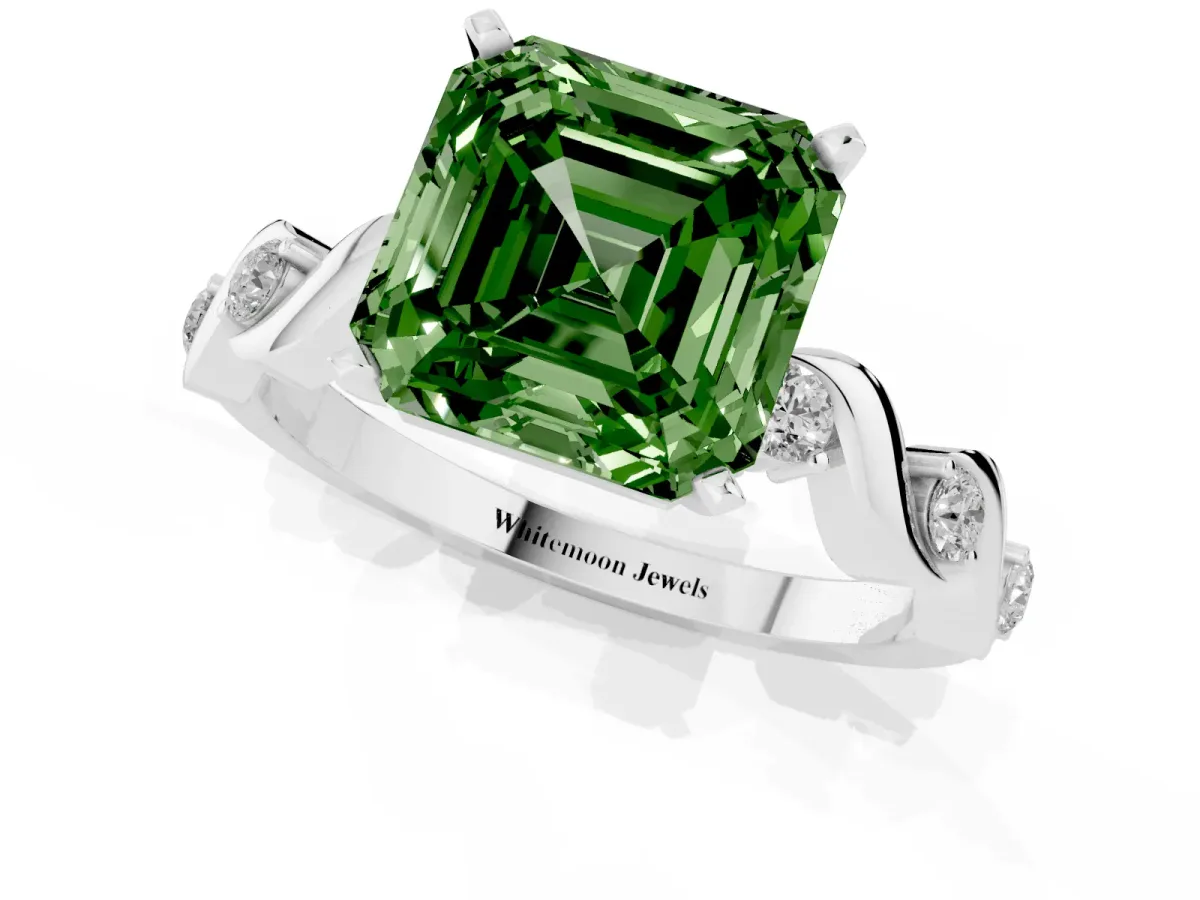Fancy Green Asscher Cut Diamond Solitaire Twisted Band with Round Accents and Prong Setting Platinum