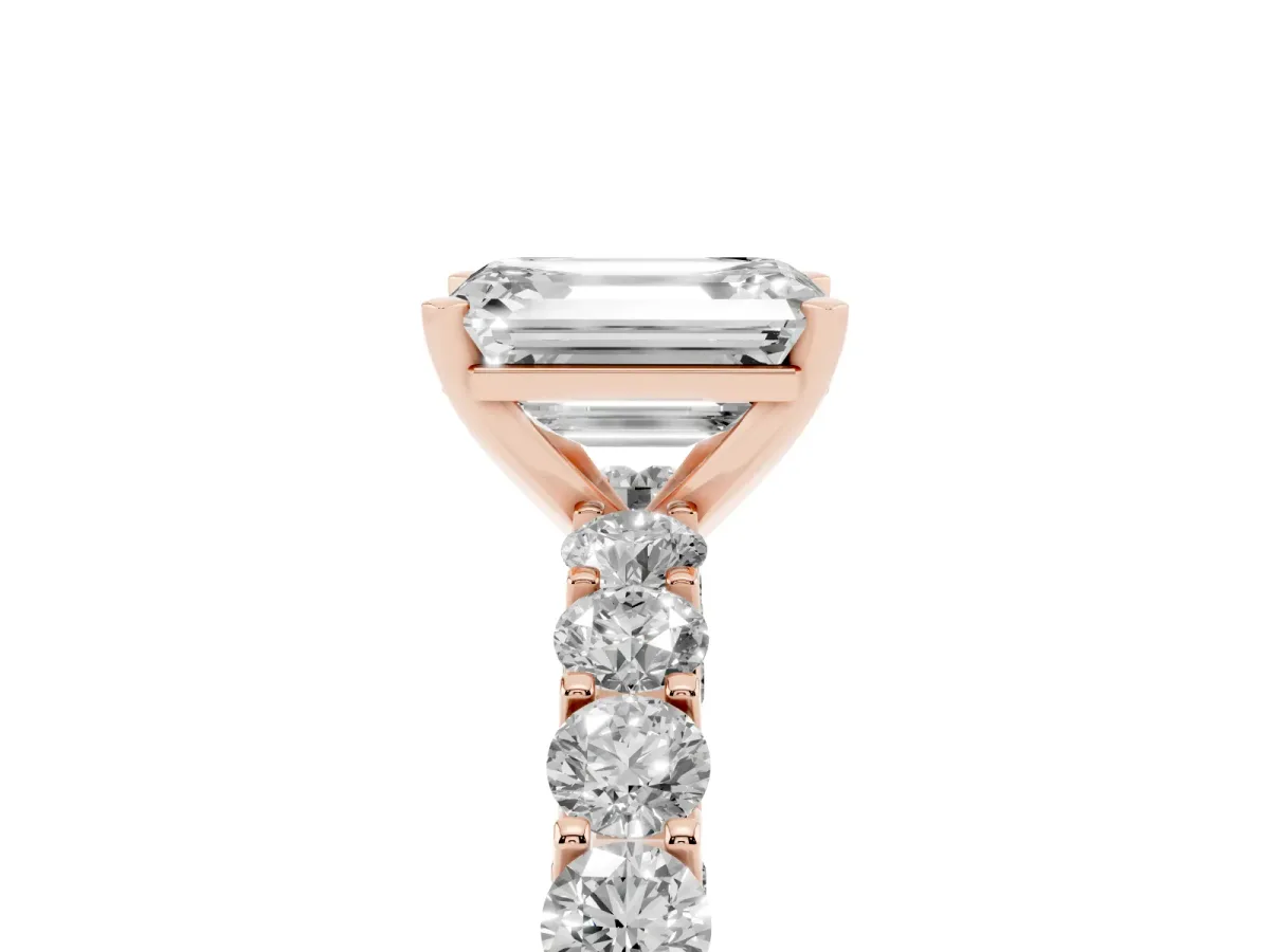 Emerald Cut Diamond Solitaire Ring with Shared Prong Pavé Band and Four-Prong Setting Rose gold