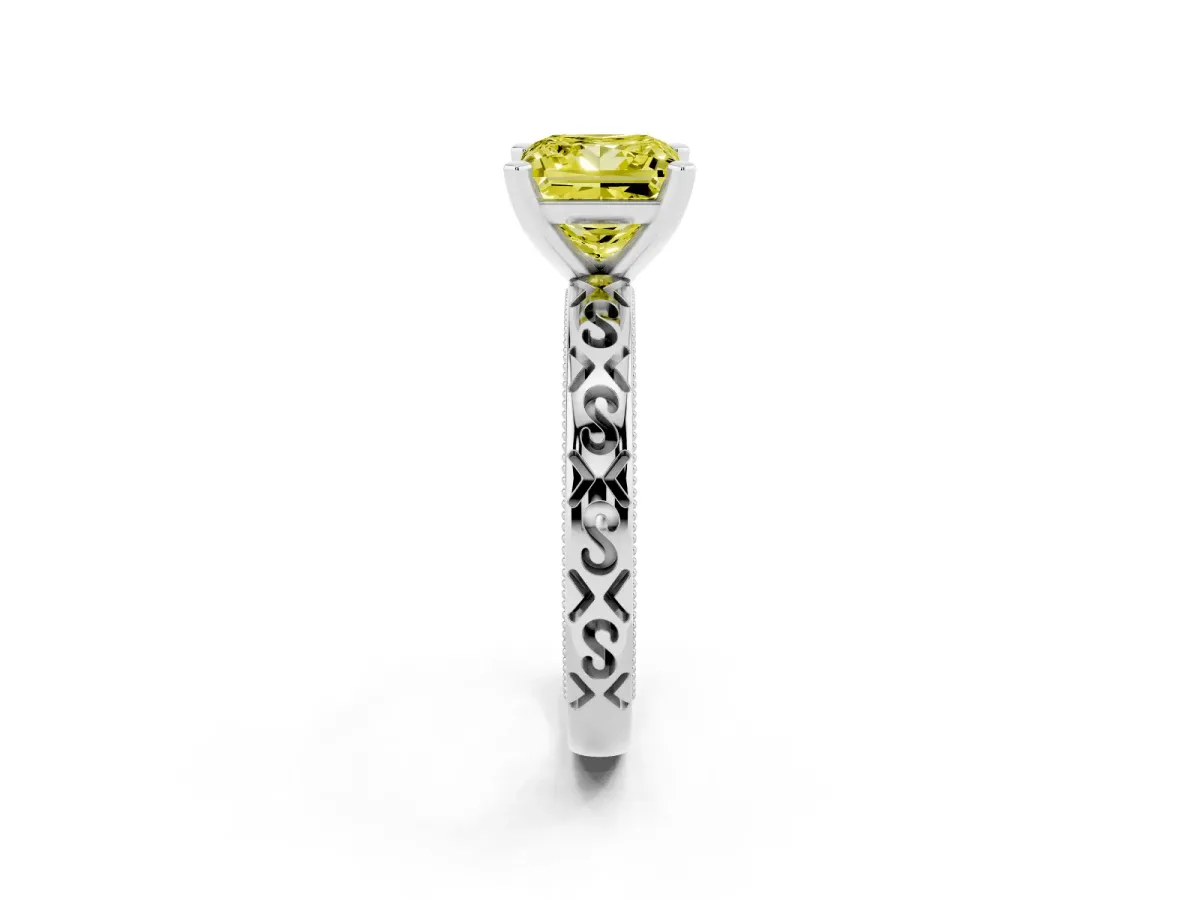 Fancy Yellow Princess Cut Solitaire Engagement Ring with Scrollwork Band and Four-Prong Setting Silver