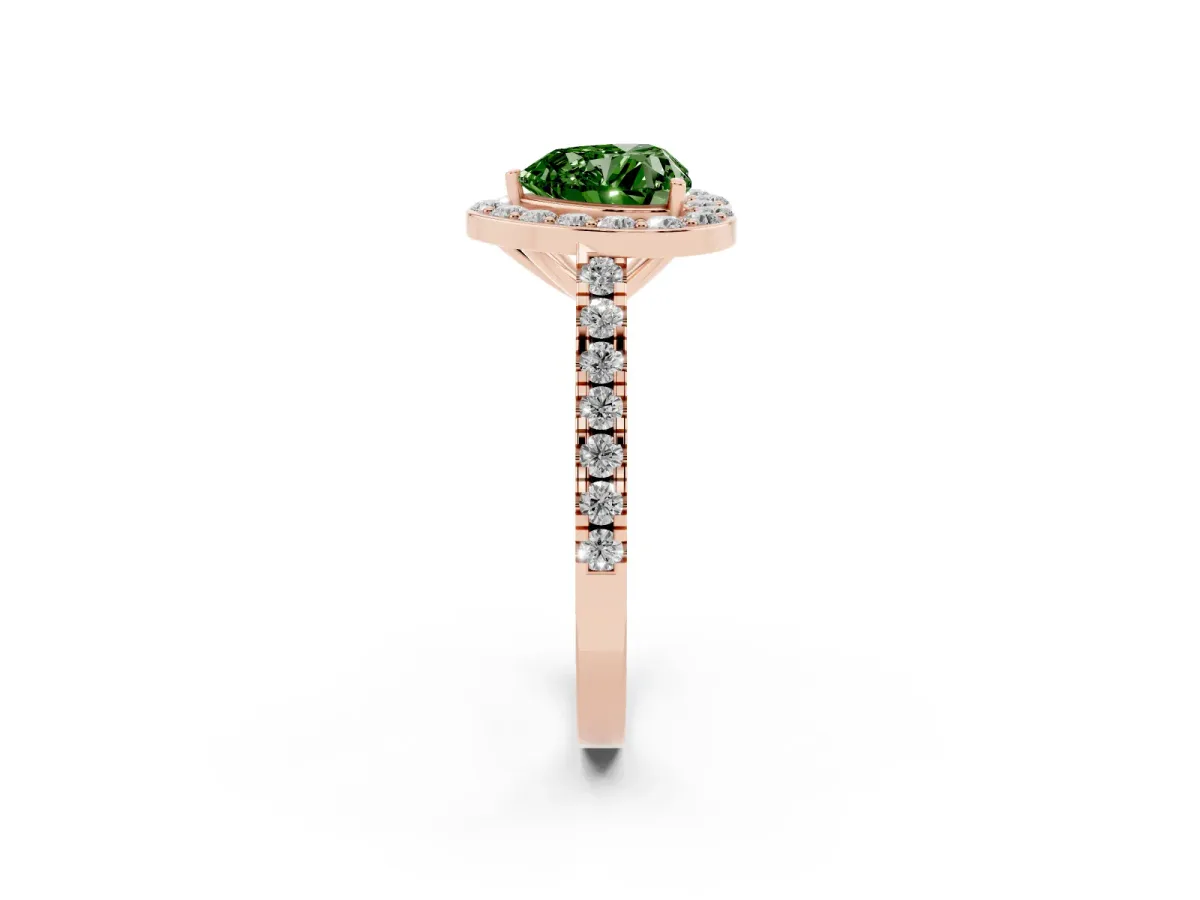 Fancy Green Heart Cut Diamond Halo Ring with Round Pavé Split Shank and Prong Setting Rose gold