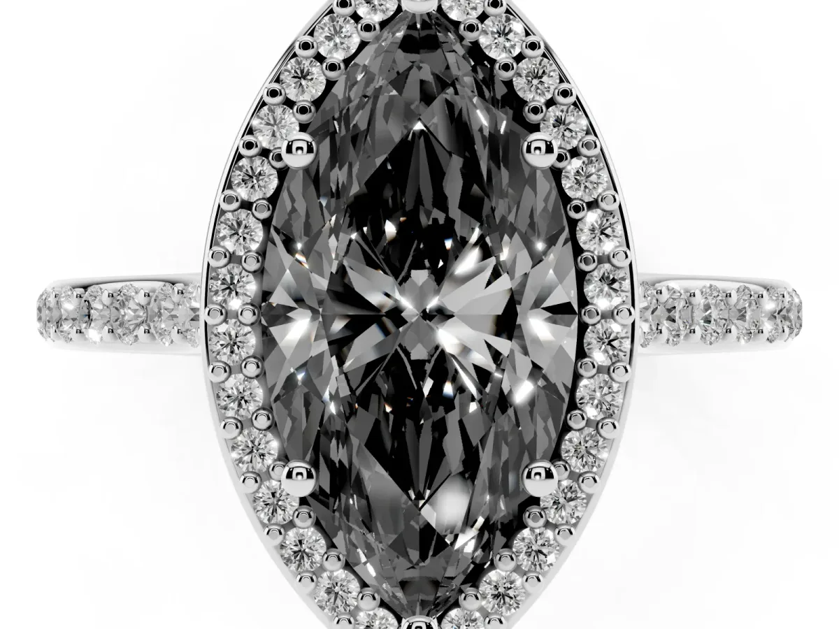 Fancy Black Marquise Cut Diamond Halo Engagement Ring with Round Pavé Shoulders and Prong Setting Platinum