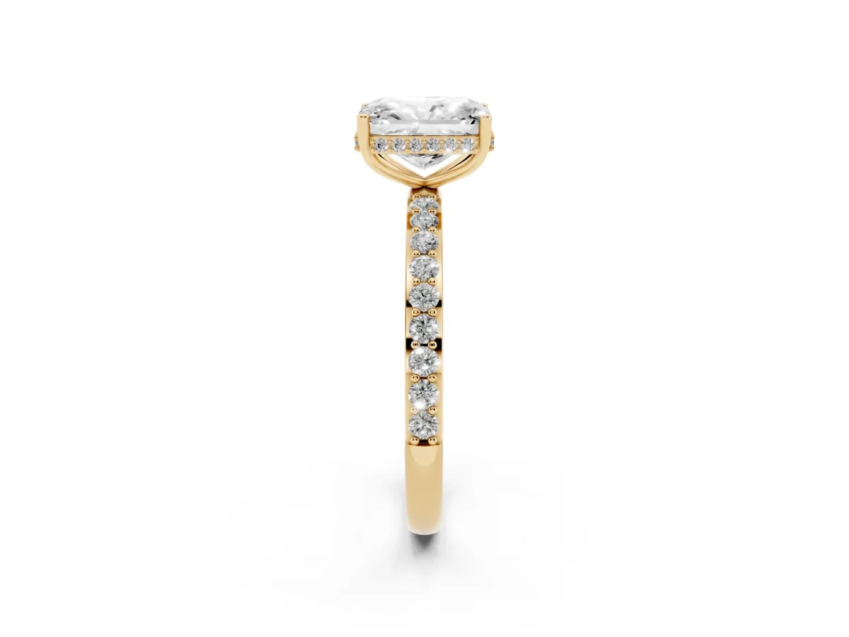 Radiant Cut Diamond Solitaire Ring with Pavé Band and Hidden Halo Yellow gold