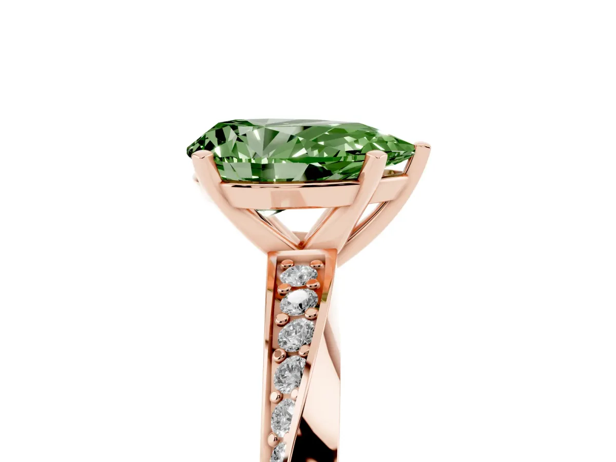 Fancy Green Pear Cut Diamond Engagement Ring with Side Stone Accents and Four-Prong Setting Rose gold