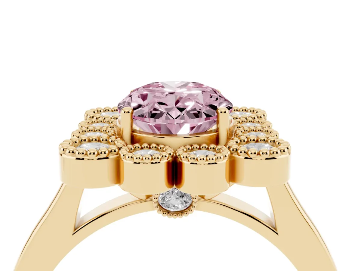 Fancy Pink Oval Cut Halo Diamond Cluster Engagement Ring with Milgrain Bezel Setting and Solitaire Band Yellow gold
