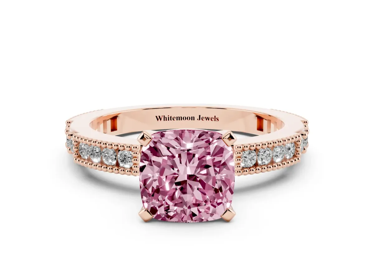 Fancy Pink Cushion Cut Solitaire with Pavé Band and Four-Prong Setting Rose gold