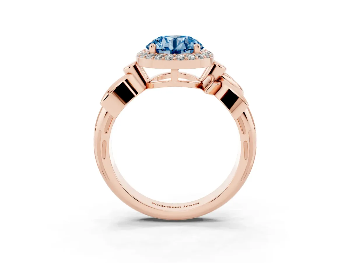 Fancy Blue Round Cut Halo Diamond Floral Band with Four-Prong Setting Rose gold