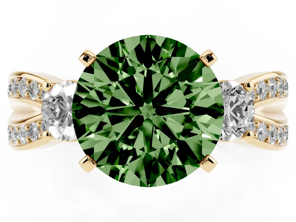 Fancy Green Three-Stone Round Cut Cut Diamond Twist Band with Prong Setting Yellow gold