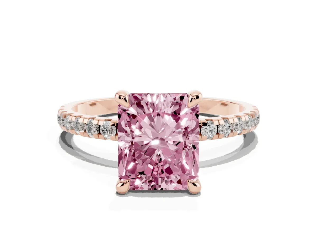 Fancy Pink Radiant Cut Diamond Brilliant Solitaire Ring with Pavé Band and Four-Prong Setting Rose gold