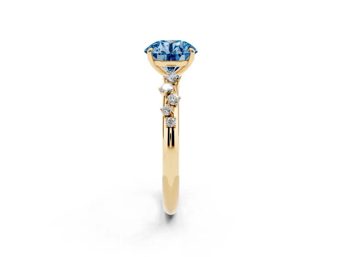 Fancy Blue Round Cut Diamond Cluster Prong-Set Solitaire Ring Yellow gold