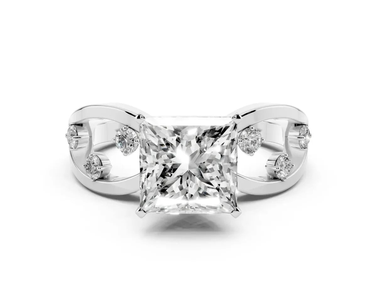 Princess Cut Cut Solitaire Diamond with Side Stones on Criss-Cross Band and Four-Prong Setting Silver