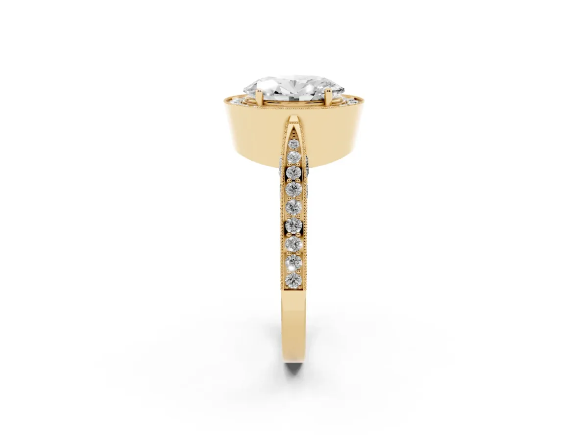 Oval Cut Halo Diamond Engagement Ring with Split Shank Band and Four-Prong Setting Yellow gold