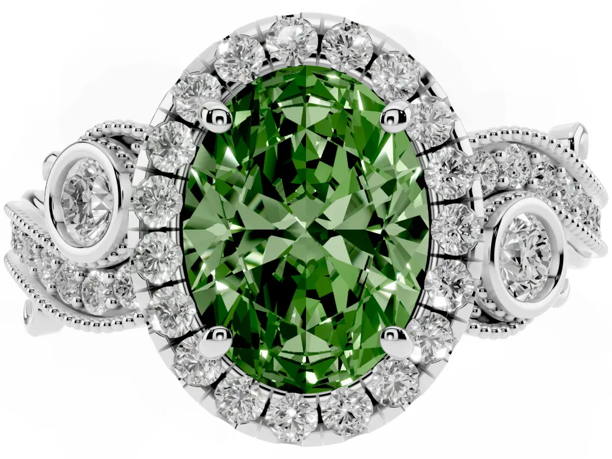 Fancy Green Oval Cut Diamond Halo Ring with Milgrain Pavé Band and Four-Prong Setting White gold