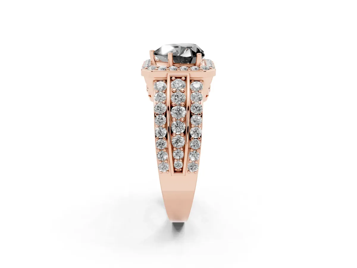 Fancy Black Heart Cut Halo Diamond Ring with Round Split Shank and Prong Setting Rose gold