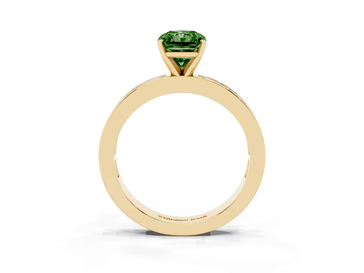 Fancy Green Radiant Cut Solitaire Diamond Ring with Channel-Set Baguette Band and Four-Prong Setting Yellow gold