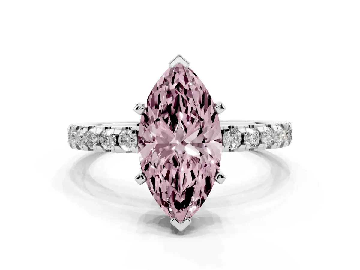 Fancy Pink Marquise Cut Diamond Solitaire Ring with Round Pavé Band and Four-Prong Setting Silver