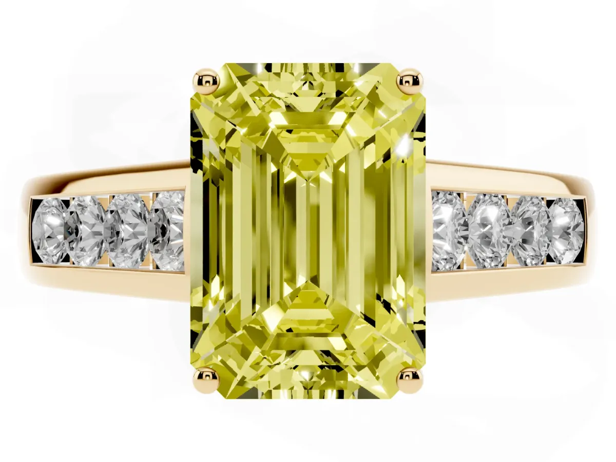 Fancy Yellow Emerald Cut Brilliant Channel-Set Solitaire Ring with Four-Prong Setting Yellow gold