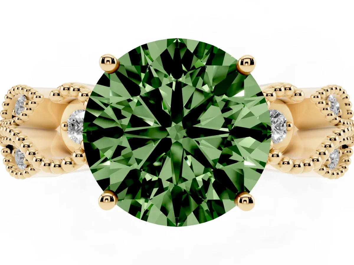 Fancy Green Round Cut Solitaire Milgrain Leaf Band with Prong Setting Yellow gold
