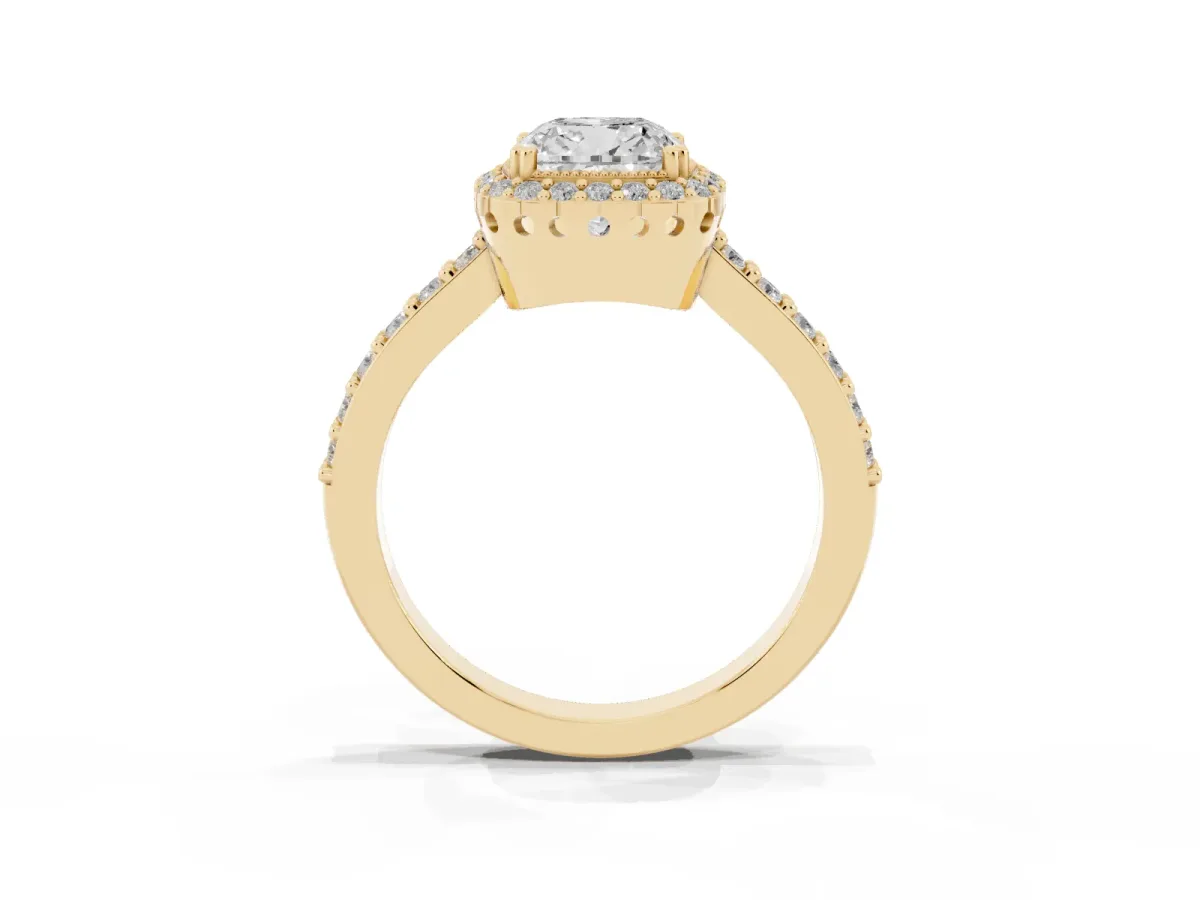Cushion Cut Cut Diamond Halo Engagement Ring with Milgrain Detail and Pavé Band Yellow gold