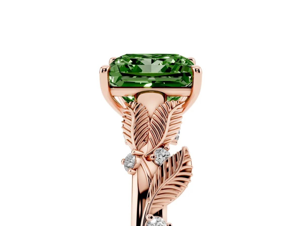 Fancy Green Princess Cut Diamond Solitaire Ring with Leaf Motif Band and Four-Prong Setting Rose gold