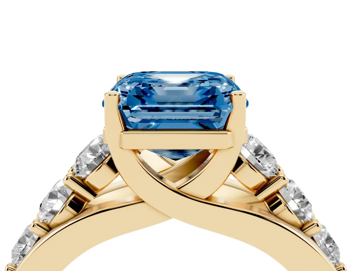 Fancy Blue Asscher Cut Diamond Engagement Ring with Pavé Band and Four-Prong Setting Yellow gold